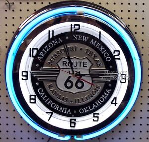 18" Route US 66 Sign Double Neon Clock Americas Mother Road