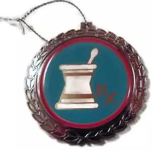 ORNAMENTO COLGANTE DE METAL DE PLATA RX FARMACÉUTICO 2,5" NUEVO - Imagen 1 de 1