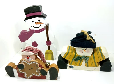 Lote 3 Cuidadores de Estante Muñeco de Nieve Papá Noel Muñeco de Nieve Navidad Grueso Madera Decoración Foto 1 de 4