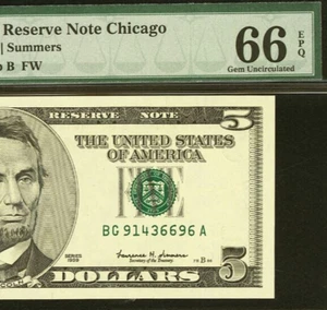 1999 $5 Federal Reserve Note PMG 66EPQ - Gem - Rare Chicago - 91436696 - Picture 1 of 3