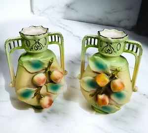 HJ Crown Vienna Art Nouveau Floral Porcelain Vases with Fruit - Set of 2 - Picture 1 of 20