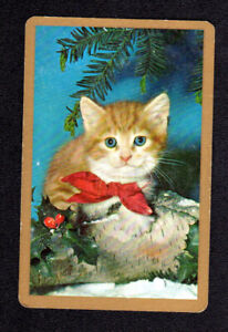 Vintage Swap Card - Gorgeous Kitten with Holly (Gold Border) (BLANK BACK)