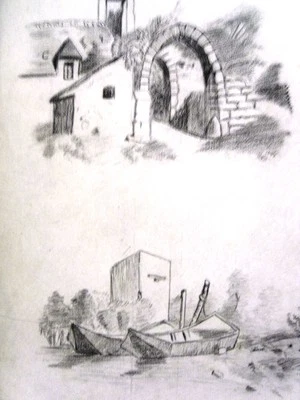 COLIN -Ecole Française du 19ème -Carnet 7 dessins paysages et 1 aquarelle fleurs - Photo 1/4
