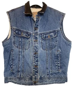 Gap Denim Sherpa Trucker Vest Men M Leather Collar Button-up Pockets Gorp Core - Picture 1 of 6