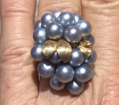 Anel Ming’s 14k azul cinza pérola uvas e folhas super raro tamanho 5,75 14 gramas - Imagem 1 de 4