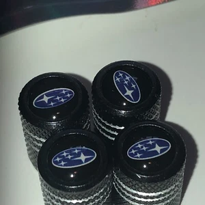 4x Black Aluminum Tire Air Valve Stem Cap Fits Most Subaru Cars, Wagons & SUVs M - Picture 1 of 6