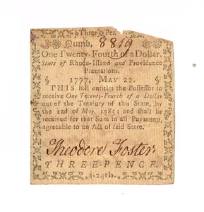 RHODE ISLAND COLONIAL CURRENCY RI-265   RARE 1/24 DOLLAR  OR 3 PENCE - Picture 1 of 2