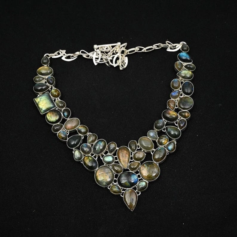 Natural Labradorite Gemstone Handmade 925 Sterling Silver Jewelry Necklace 18" - Image 1 of 4