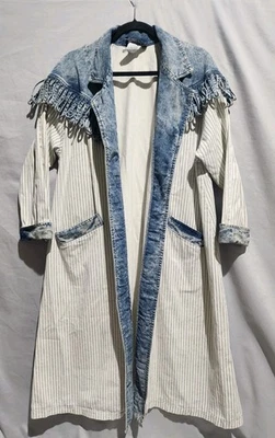 Vintage 80s Cotton Fringe Pinstripe Duster Coat Jacket Unique Statement Piece - Image 1 of 4