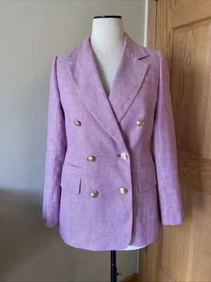J CREW Bristol Vintage Raspberry Linen Gold Button Double Breasted Blazer 4 $248 - Image 1 of 4