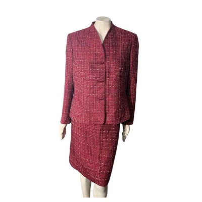 Le Suit Women's 16 Red Tweed Boucle 2 Piece Skirt Suit Jacket & Skirt Set Career - Image 1 of 4