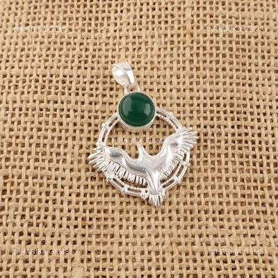 Halloween Affare Rotondo Verde Onice Cab Gemma Argento Sterling Sorella Ciondolo - Immagine 1 di 4