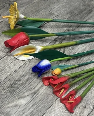Lote de flores de madera tallo largo 9”-31” arreglo floral rosa tulipán lirio decoración del hogar Foto 1 de 4