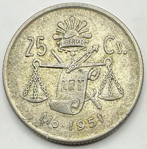 1951 Silver .300 Mexico 25 Centavos- Free Shipping- Mexican Quarter - Ships Free - Picture 1 of 4