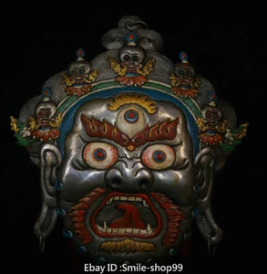13"Old Tibet Iron Painting Gem Yamantaka Yama Dharmaraja Buddha Mask Face Statue - Picture 1 of 9