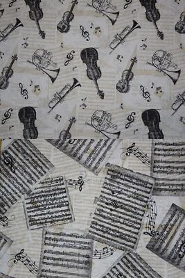 Canvas Musik Noten Geige Trompete Instrumente Baumwolle Meterware Zanders - Bild 1 von 2
