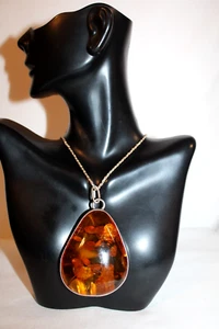 Vintage Sterling Silver Cognac Baltic Amber Pendant Huge Large - Picture 1 of 10