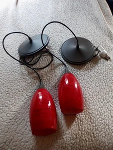 Pair of Hanging Pendent Red Swirl Art Glass Light Fixtures - Picture 1 of 12