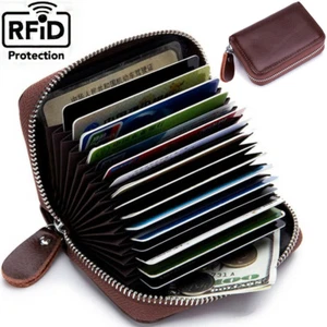 Mens Womens Genuine Leather Wallet RFID Blocking Zipper Bifold Credit Card Purse - Picture 1 of 7