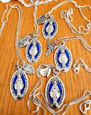 Religious Blue & Silver Holy Mary  Pendant Shiny Silver 24" Box Chain Necklace
