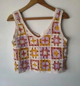 Rebellion Again Cropped Tank Top Crochet Size Small Knit Retro Hippie v-neck - Picture 1 of 9