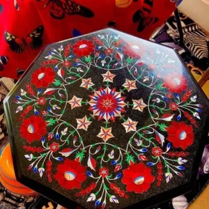 24" Octagon Black Marble Table Carnelian Stone Marquetry Arts Balcony Furniture - Picture 1 of 8