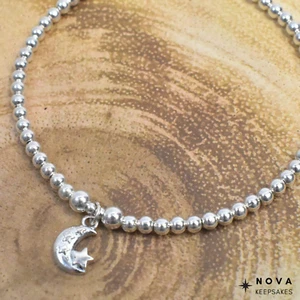 Sterling Silver Stretch Beaded Stacking Bracelet with Moon & Stars Charm - Picture 1 of 8