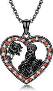 Sterling Silver Black Rose Skull Necklace Love Heart Pendant Jewelry Gifts Women - Picture 1 of 6