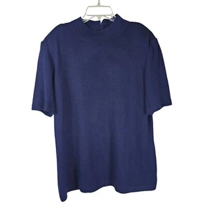 St. John Santana Knit Short Sleeve Mock Neck Top L Navy Blue Old Money Nautical - Picture 1 of 8