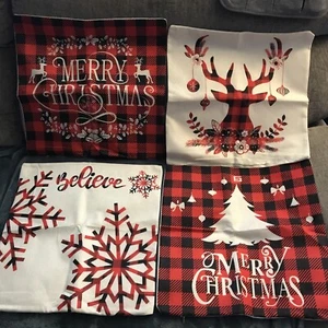 4 Throw Pillow Covers Cotton Linen 18" X 18" One side Christmas Themed Red/Black - Picture 1 of 7