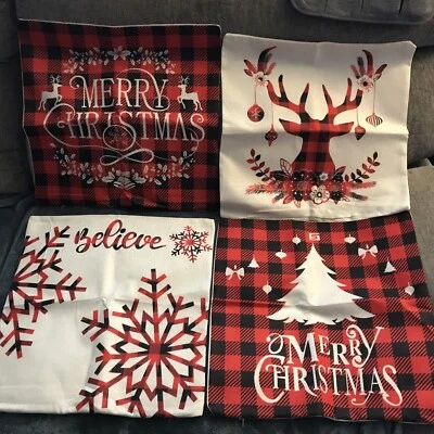 4 Throw Pillow Covers Cotton Linen 18" X 18" One side Christmas Themed Red/Black - Image 1 of 4