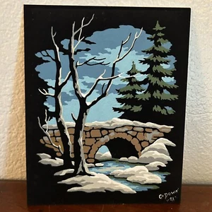 Paint By Number Velvet Stone Bridge Winter VTG PBN No Frame Craft Signed ‘91 - Picture 1 of 4
