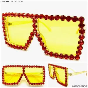 Oversized Retro Shield SUN GLASSES Yellow Frame Lens Large Rhinestones Handmade! - Picture 1 of 8