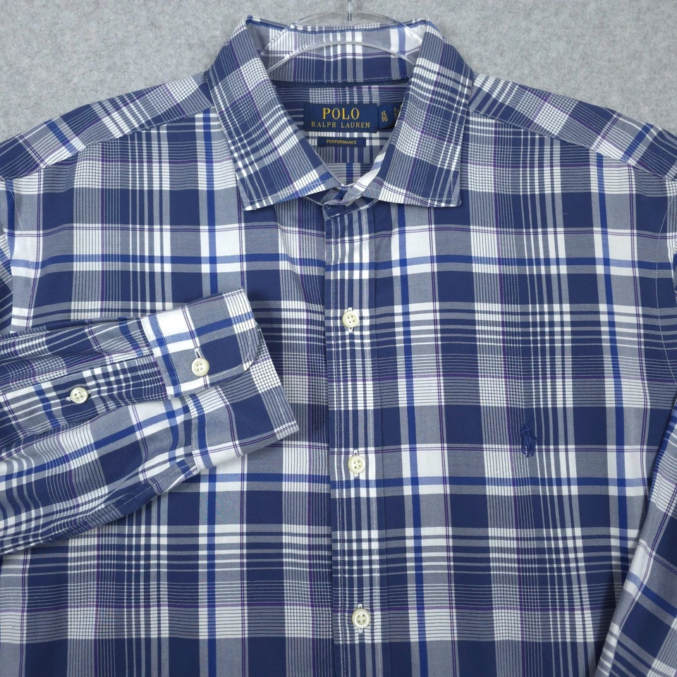 Polo Ralph Lauren Shirt Mens XL Blue Performance Smart Casual Plaid Long Sleeve - Image 1 of 4