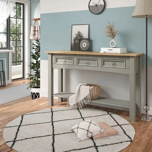 Corona Console Table 3 Drawer Hall Grey Solid Mexican Pine Wood Wax - Picture 1 of 6
