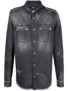 NWT Balmain Distressed Washed Black Denim Military Snap Shirt Sz 38 US 15 $1395 - Picture 1 of 12