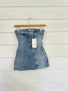 ZARA NEW WOMAN STRAPLESS DENIM MINI DRESS RAW HEM BLUE WAIST 26" Small S Y308 - Picture 1 of 14