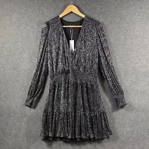 Forever New Dress Size 14 NWT Black Silver Long Sleeve V Neck Ruffle Skirt - Picture 1 of 12