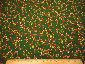 Floral Fabric By Yard SALE Green Leaves Red Berries on Dk Green Cotton Vtg #C - Picture 1 of 2