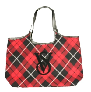 Victoria's Secret Plaid Flannel Shoulder Tote Bag Logo Lined Red Black 15x11 - Picture 1 of 18