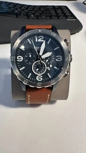 Fossil Men's Nate Blue and Silvertone Watch with Brown Leather Strap - Picture 1 of 7