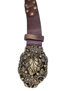 Cabi Sm Brown Women's Feather Medallion Leather Belt Western Cowboy Vintage Look
