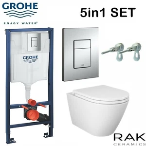 Rimless Wall Hung Pan Rak Resort Slim Seat Grohe 1.0 Wc Frame Chrome Flush Plate - Picture 1 of 8