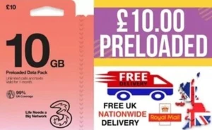 £10 Credit Preloaded Three 3 3G/4G/5G Network SIM Card Pay as You Go Micro Nano
