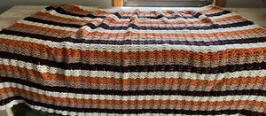 Vintage 67” X 44” Orange, Brown, Cream And Tan Striped Afghan Hand Made MCM Cozy - Picture 1 of 2