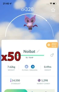 ¡Paquete de 50 Pokémon Noibat!! ¡Buena oportunidad de suerte y buenos IV!! Go - Imagen 1 de 1