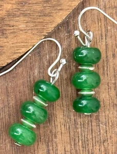 Silver and Green Jade Beads Dangle Earrings. - Picture 1 of 3