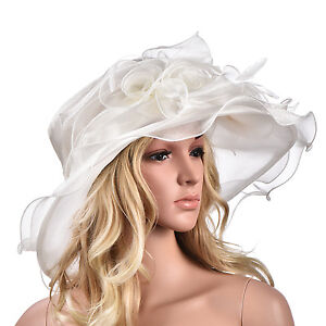 Women Dress Church Wedding Kentucky Derby Wide Brim Feather Sun Floppy Hat A341