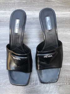 Ladies Prada heels low heel open toe mule size eur 39 black leather - Picture 1 of 9