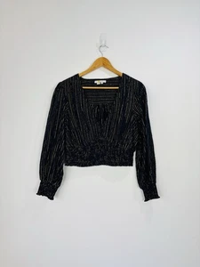 Boden Top Women Size 14 Navy Blue Gold Pinstripe Shirred Crop V Neck Long Sleeve - Picture 1 of 9